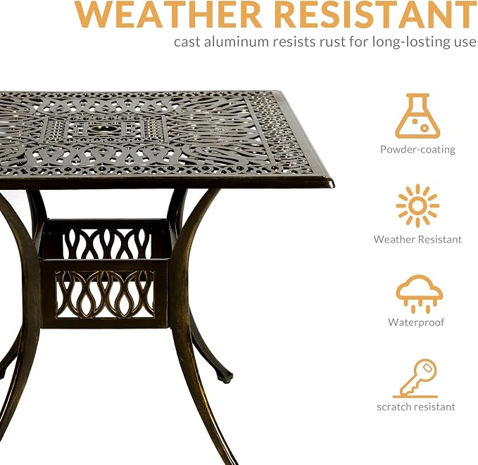 5-Piece Outdoor Patio Dining Set, All-Weather Cast Aluminum Patio Furniture Set for Backyard Garden Deck with 4 Chairs, 4 Cushions and 35.4” Square Table, 2.2" Umbrella Hole, Blue