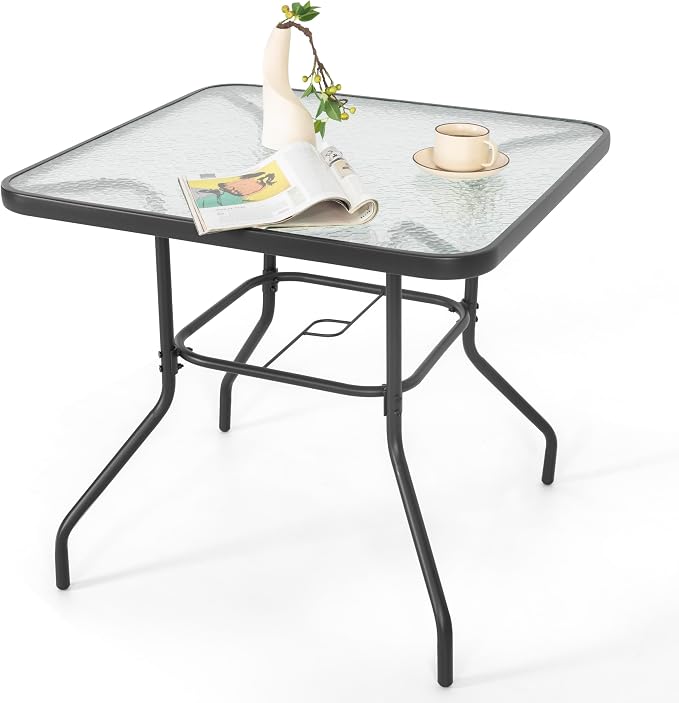 NUU GARDEN 31.5" Square Patio DiningTable, Patio Table with Umbrella Hole, Patio Dining Table with Tempered Glass, Outdoor Dining Tables, Square Patio Table for Balcony,Black