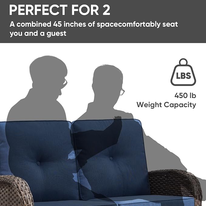HUMMUH Outdoor Loveseat Sofa 2-Seat PE Wicker Couch with Coffee Table,Deep Seat High Back Patio Furniture for Balcony,Garden,Porch,Deck(Blue)