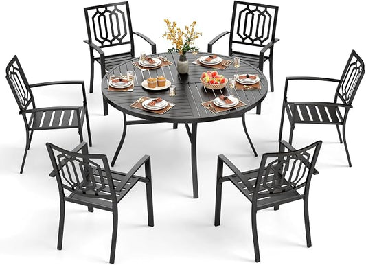 PHI VILLA 7 Pcs Outdoor Dining Set, 54" Round Table& Stackable Chairs | Wrought Iron Dining Table w/ Umbrella Hole & Stackable Steel Chairs, Patio Furniture Set for Patio, Deck, Yard, Porch