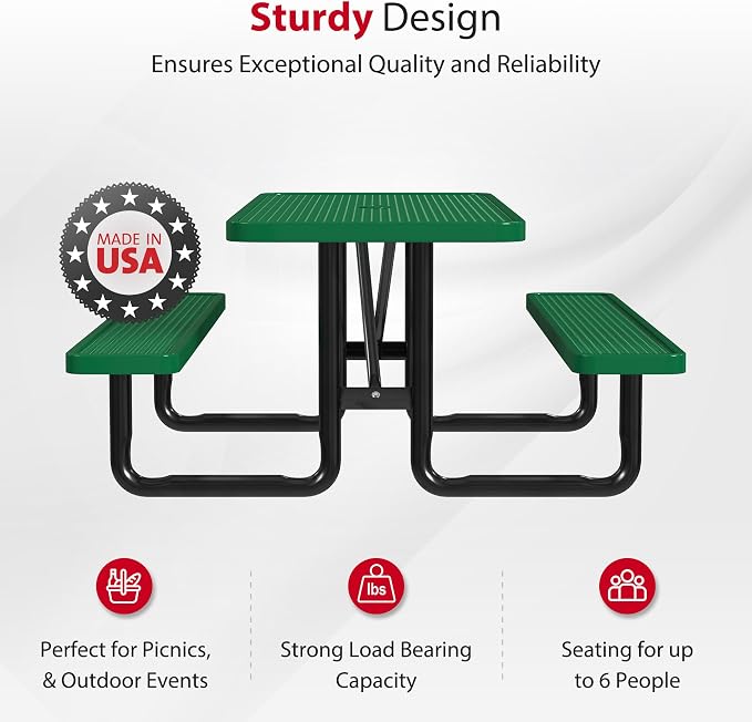 Leisure Craft Metal Picnic Table with Bench - 6 ft Rectangle Outdoor Dining Table for 6, Umbrella Hole, Weatherproof Heavy Duty Thermoplastic Coating, Commercial Grade Furniture Made in USA - Green