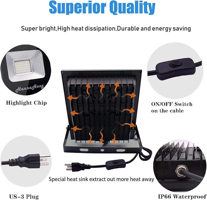 50W LED Flood Light Plug in with Switch,Cool White,Security/Work/Plant Grow Outdoor Light,IP66 Waterproof,Reflector Exteriore Spotlight for Porch, Garage,Patio,Yard,Garden
