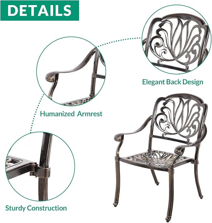 VIVIJASON 3-Piece Outdoor Patio Bistro Set, All-Weather Cast Aluminum Furniture Dining Sets Include 2 Chairs and 35.4" Round Table w/Umbrella Hole for Balcony, Lawn, Garden, Backyard