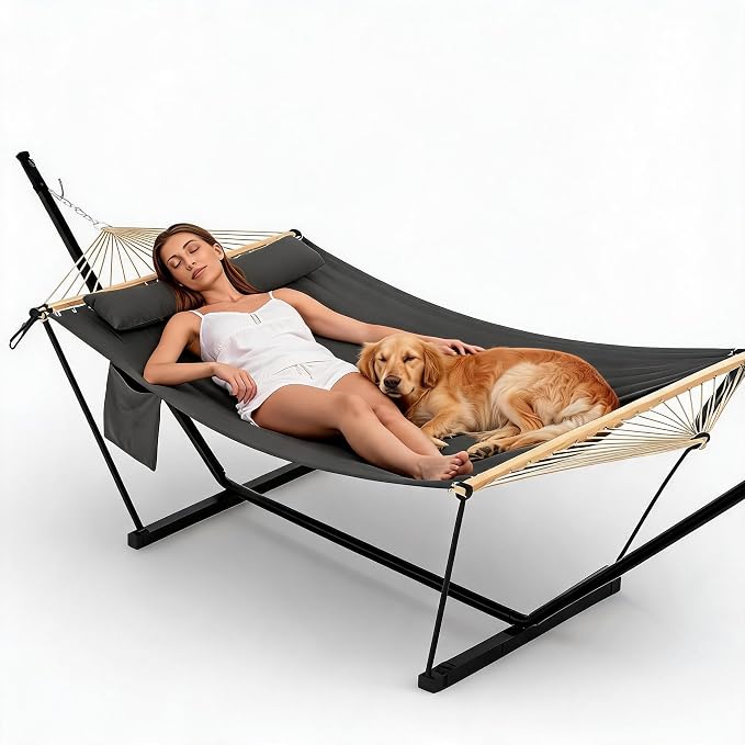 Double Hammock with Stand, 2 Person Heavy Duty Outdoor Hammock with 12FT Stand, Adjustable Steel Frame, Detachable Pillow, Carry Bag Included, 450lbs Capacity, Indoor Outdoor Swing Bed– Dark Gray