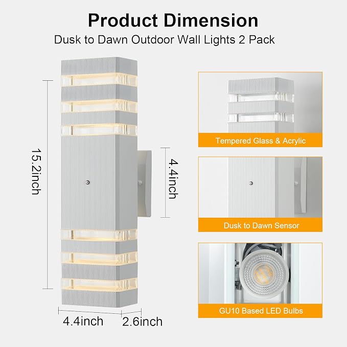 Dusk to Dawn Outdoor Wall Lights 2 Pack, White Front Porch Light Fixture, Anti-Rust Black LED Up and Down Outdoor Lights for House Hallway Garage Entryway