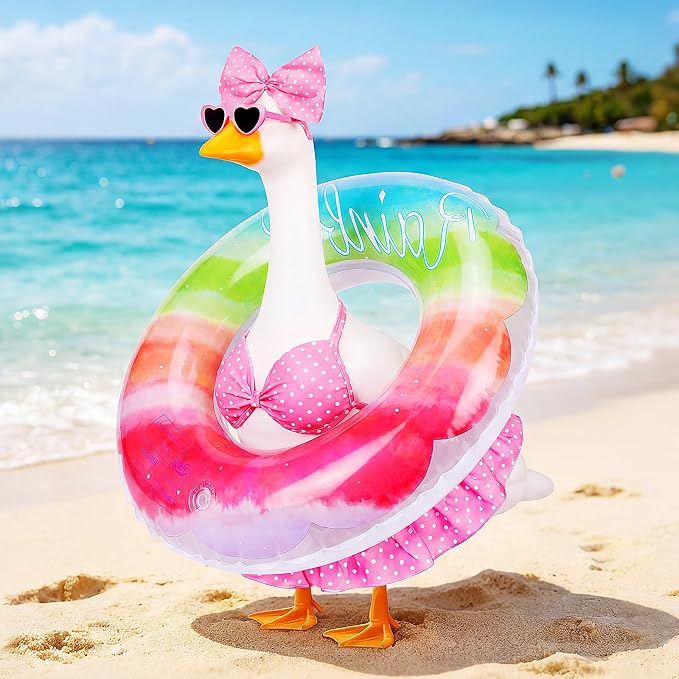 23 in Porch Goose Summer Outfit Bikini, Hawaiian Porch Goose Swimsuit Clothes Costume Accessories with Bow Glasses Swim Ring for 23" Summer Goose Garden Patio Statue Decor (Pink)