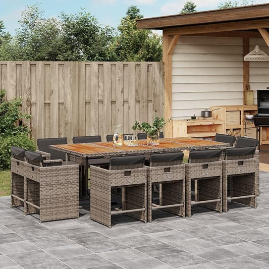 13 Piece Outdoor Patio Dining Set with Cushions Gray Poly Rattan Folding Chairs Acacia Wood Table for Backyard Garden