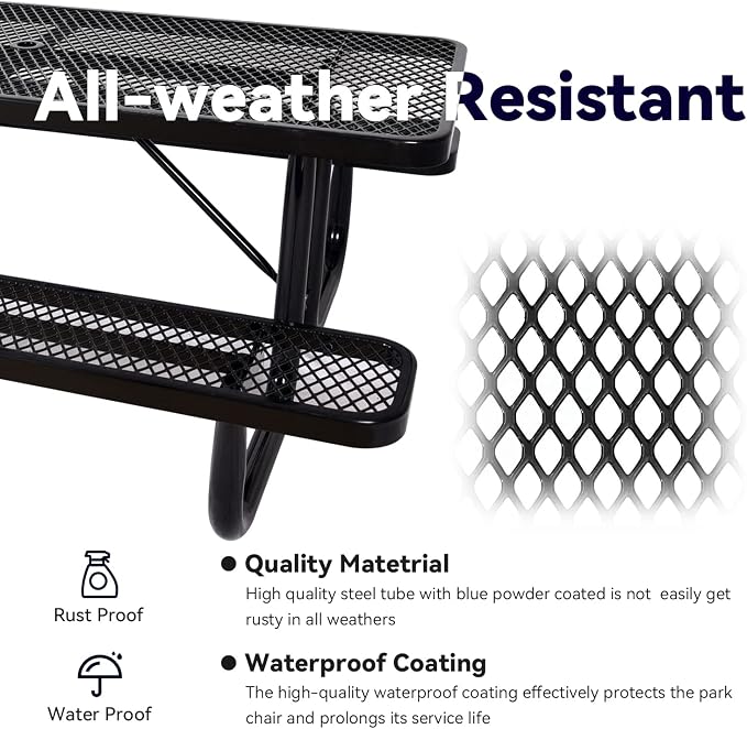 Heavy Duty Picnic Table for Outdoor 1400 lbs Load All Metal Camping Table with Umbrella Hole up to 1.5", Rectangle Dining Table for Commercial Picnic Table with Benches, Black