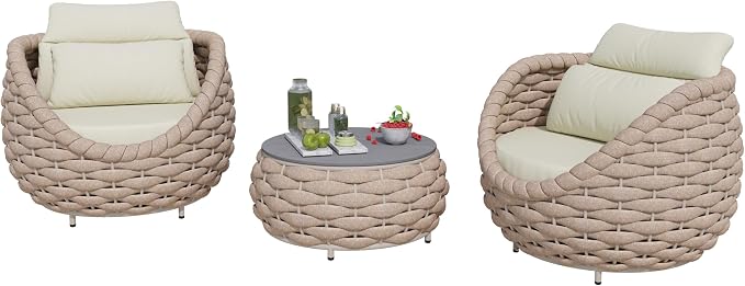 3 Piece Outdoor Furniture Set: Aluminum Patio Conversation Sofa Set - Assembled Couch Armchair Table Set Cushioned - Hand Woven Rope Chair Set All Weather Indoor Deck Balcony Hotel, Terracotta