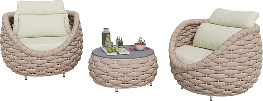 3 Piece Outdoor Furniture Set: Aluminum Patio Conversation Sofa Set - Assembled Couch Armchair Table Set Cushioned - Hand Woven Rope Chair Set All Weather Indoor Deck Balcony Hotel, Terracotta