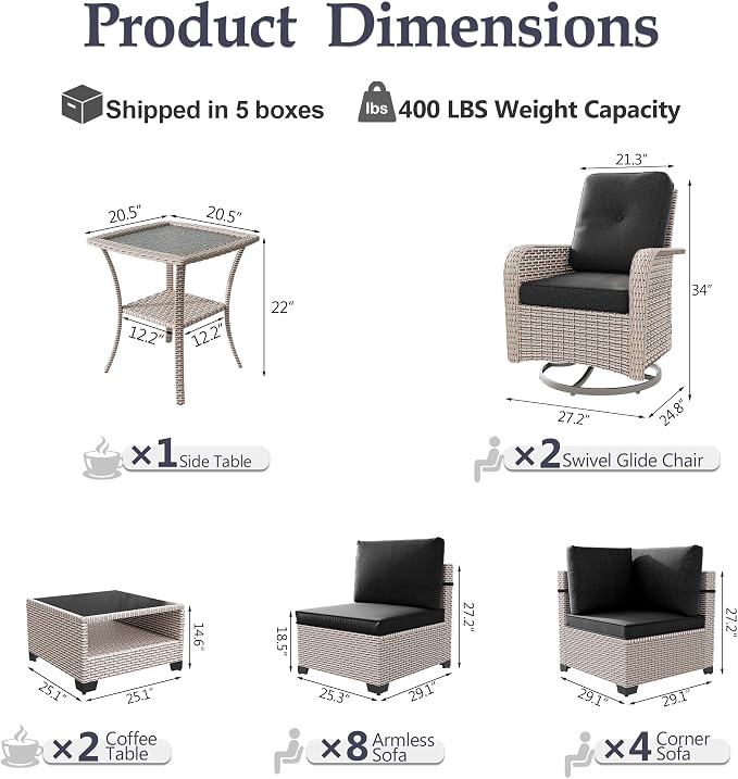 Patio Furniture Set, 17-Piece Outdoor Sectional Sofa with Swivel Rocker Chairs & 2-Layer Glass Coffee Table, Wicker Patio Conversation Set with Black Cushions