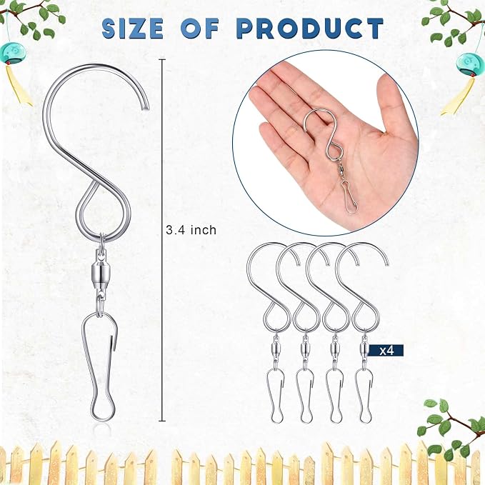 Mudder 4 Pack Spinner Hooks for Wind Spinners, Swivel Clips for Hanging | Wind Chimes Compatible, Crystal Twisters Hanger, Swivel Bearing, Outdoor Patio Garden Use, 4 Clips Included