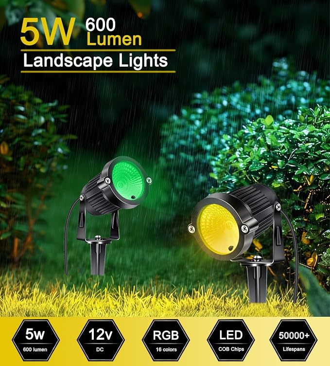 RGB Halloween Low Voltage Landscape Lights Color Changing 5W LED Landscape Lighting Outdoor Waterproof Remote Control for Garden Pathway Christmas Decorative Lighting, 10 Pack with Connector