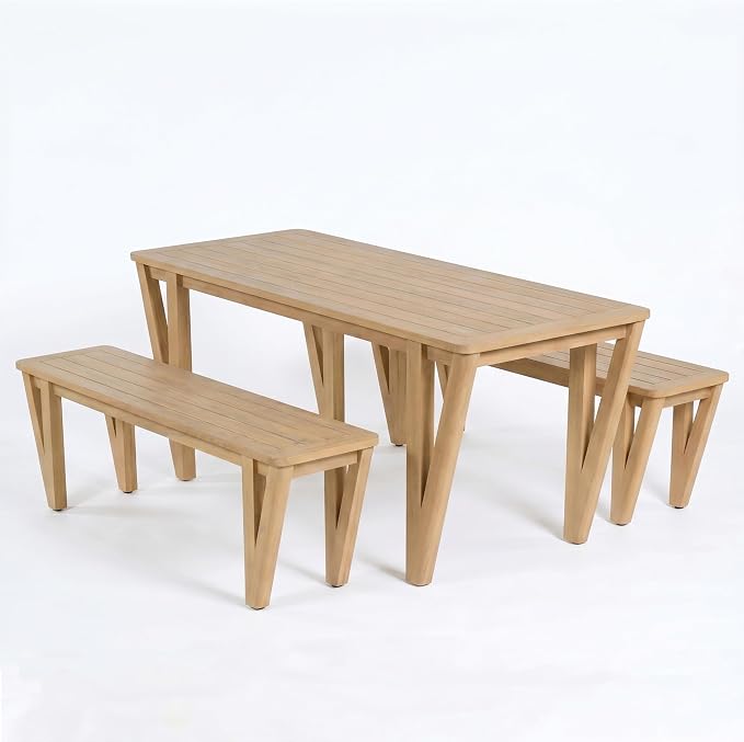 Christopher Knight Home Cove 3 Piece Acacia Wood Dining Table Set for 4-6, Outdoor Dining Set with Patio Table & Dual Benches, Patio Furniture Set with Slatted Design & V-Shaped Legs, Light Teak