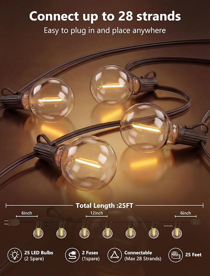 25FT LED G40 Outdoor String Lights with 25 Shatterproof Bulbs, Brown Wire | Waterproof Patio Globe Lights, Connectable Dimmable Outdoor Hanging Lights for Backyard Porch Garden Deck Bistro, Warm White