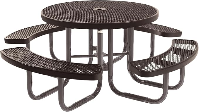 COATEDOUTDOORFURNITURE Heavy-Duty Portable Outdoor Picnic Table with Umbrella Hole, Expanded Metal Commercial-Grade Patio Dining Furniture Made in America (46" Round Top, Brown with Brown Frames)
