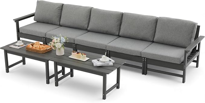 HDPE Outdoor Patio Furniture Set, 7-Piece Sofa Set with 5-Seat Couch 2 Coffee Tables, Weatherproof Conversation Set with Cushions, All-Weather Waterproof, for Garden, Porch & Backyard