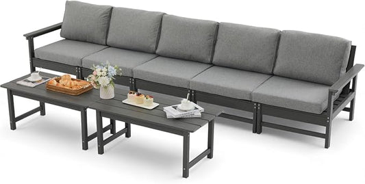HDPE Outdoor Patio Furniture Set, 7-Piece Sofa Set with 5-Seat Couch 2 Coffee Tables, Weatherproof Conversation Set with Cushions, All-Weather Waterproof, for Garden, Porch & Backyard