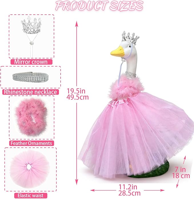 Porch Goose Statue with Princess Outfits Garden Decoration - 20" Large White Lawn Goose Statues Costume Crown Necklace Tutu Skirt Feather Trim for Indoor and Outdoor Garden Lawn Art Decor (Pink)