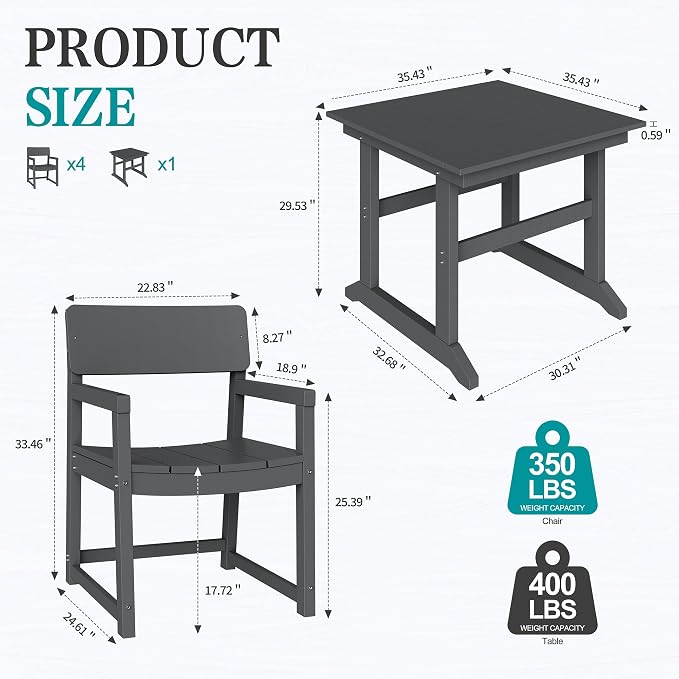 Vongrasig 5 Pieces Patio Dining Set, All Weather Outdoor HDPE Dining Furniture Set with Table and Chairs for 4, Garden Patio Furniture Set for Lawn, Backyard, Poolside, Grey