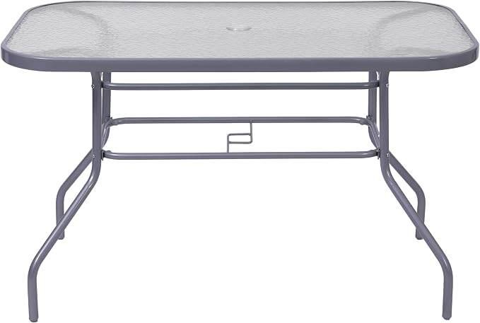 Flash Furniture Tory Rectangle Patio Table with Umbrella Hole, Commercial All-Weather Table with Heat Resistant Tempered Glass, Steel Tube Frame, 27.5x47.25, Silver