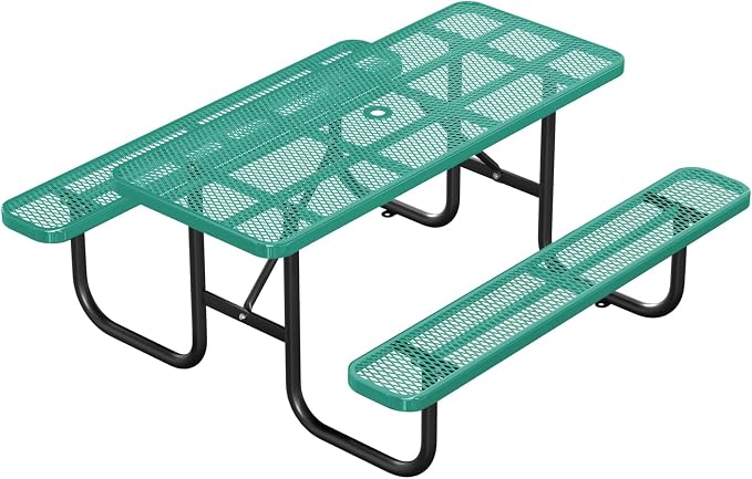 6FT/72IN Heavy Duty Outdoor Picnic Table and 2 Benches for 4-8 People, Weather Resistant Rectangular Steel Picnic Table Set with Umbrella Hole for Yard Patio Lawn Party Green