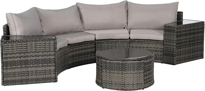KEIKI Outdoor Patio Furniture 7-Piece Half-Moon Curved Sectional Sofa Set, All-Weather Wicker Patio Conversation Set with Round Coffee Table and 2 Storage Armrests for Poolside Backyard, Light Gray