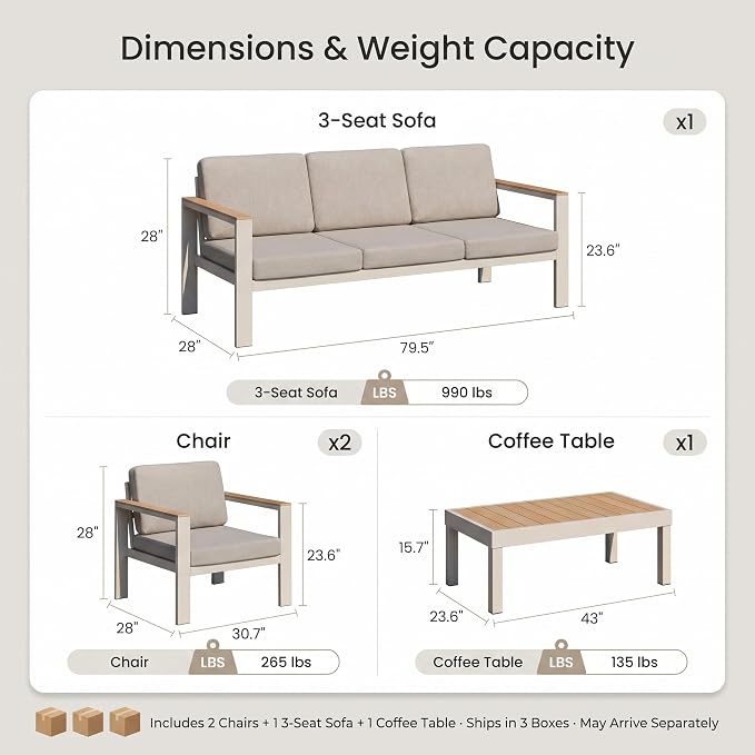 Outdoor Patio Furniture Set, 4-Piece Aluminum Conversation Set with 3-Seat Sofa, 2 Chairs and Coffee Table, 5-Inch Water-Resistant Cushions for Backyard, Deck, Poolside, Beige