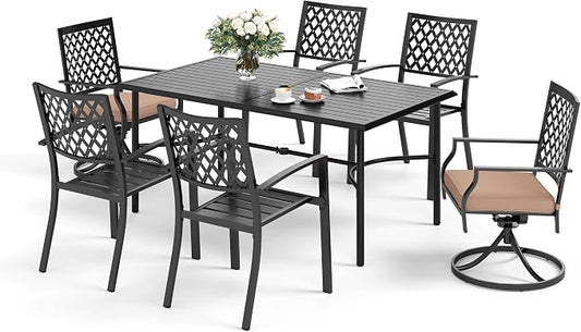 SUNSHINE VALLEY 7 Piece Patio Dining Set for 6, 67x38 Wood-Like Metal Table with Umbrella Hole and 6 Pcs Rust-Proof Stackable Chairs, Outdoor Table and Chairs Set for Backyard Garden Deck (Style 4)