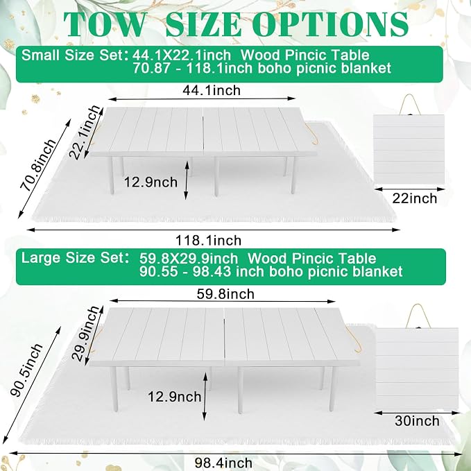 Hahafelt 2 Set Low Picnic Table, Foldable Boho Picnic Table with Extra Large Outdoor Camping Blanket Portable Boho Wood BBQ Tables for Camping Wedding Beach BBQ Party (44.1''x22.1''x12.9'',White)