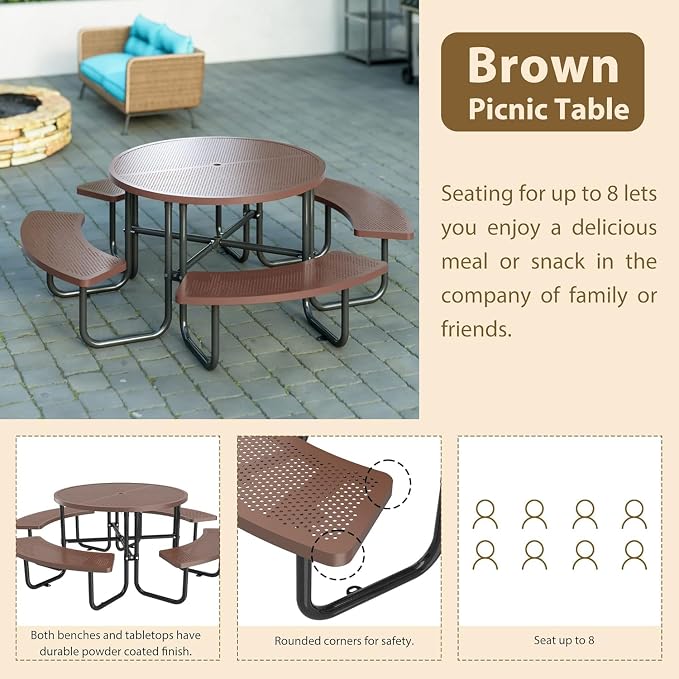 Coated Steel Heavy Duty Picnic Table for Outdoors 3200 lbs Load, Round Camping Table with 1.78" Umbrella Hole, Commercial Picnic Table with Benches, Brown
