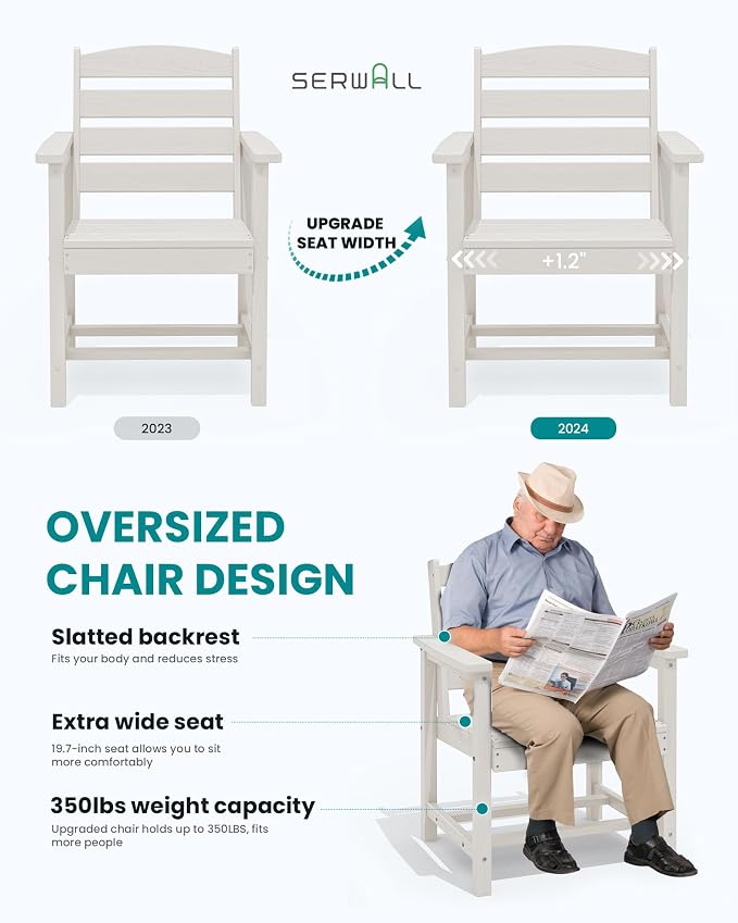 SERWALL Patio Dining Chair Set of 2,All Weather HDPE Dining Chair, White | Outdoor Dining Chairs built to last with 330 lb capacity. Compact 23.4"x23.6"x33.6"H. Weatherproof & easy to clean.
