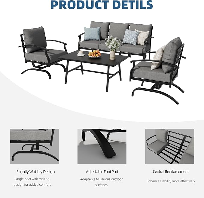 ALAULM 4 Piece Patio Furniture Set,Outdoor Metal Patio Furniture with Coffee Table & Rocking Chairs Conversation Set for Porch,Backyard,Poolside, Garden-Grey