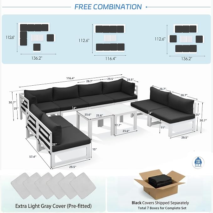 NICESOUL 10 Piece Modern Aluminum Patio Furniture Set, 500 lbs Heavy Duty Durable Outdoor Sectional Sofa, 29" Deep Wide Oversized Seating, L Shaped Comfortable Conversation Couch for Yard Deck, Black