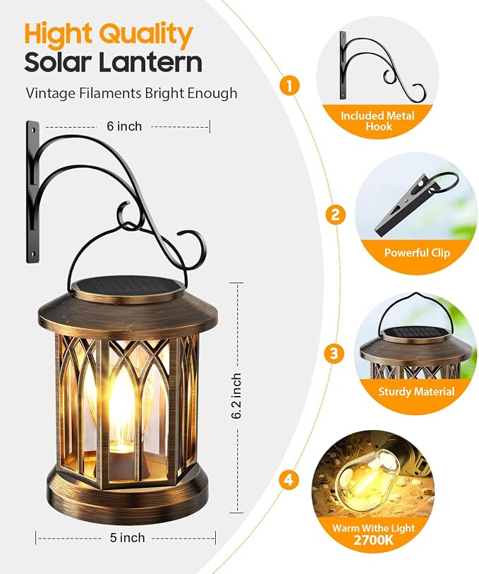 Solar Lantern Outdoor Lights with Wall Mount Kit, 2 Pack Upgraded Solar Lanterns Outdoor Waterproof, Hanging Solar Lights for Outside Decorative Yard Patio Path Porch Garden(Antique Copper)