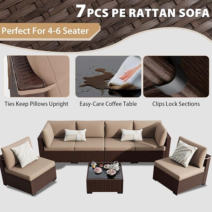 KIGOTY 7-Piece Patio Furniture Set, All-Weather PE Rattan Outdoor Sectional Sofa, Modular Wicker Conversation Set with Thick Cushions & Easy-Clean Coffee Table（Brown/Camel）