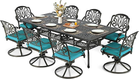 MEETWARM 9-Piece Outdoor Patio Dining Set for 8, All Weather Cast Aluminum Patio Funiture Table and Chairs Set- 94.5” Rectangular Table and 8 Cushioned Swivel Rocker Chairs, Umbrella Hole, Ocean Blue