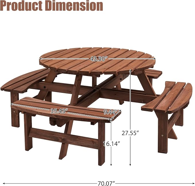 HomVent 8-Person Solid Wood Picnic Table for Patio Backyard Garden Outdoor Circular Picnic Table Set with 4 Built-in Benches & Umbrella Hole, 500lb Capacity - Walnut