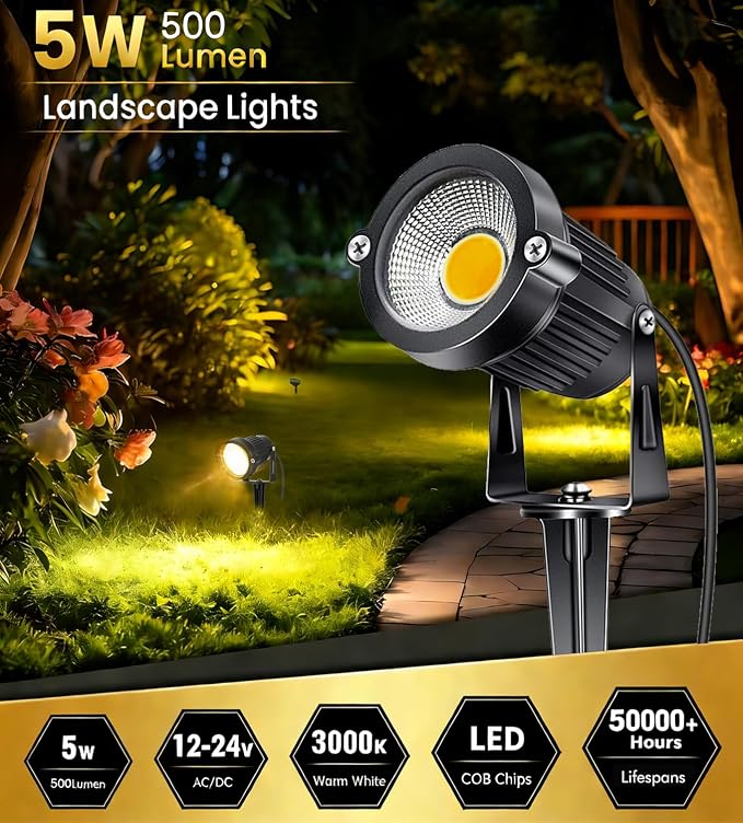 Low Voltage Landscape Lights 5W 500LM 12V 24V Outdoor LED Landscape Lighting 3000K Warm White IP66 Waterproof Garden Pathway Lights Yard Lawn Spotlights with Connectors (8 Pack)