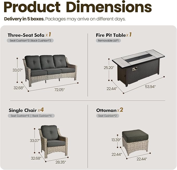 8 Piece Patio Furniture Set with Fire Pit Table, All Weather Wicker High Back Sofa Chairs Ottoman with Thick Cushion, Outdoor Conversation Sets for Large Backyard Deck Garden, Black