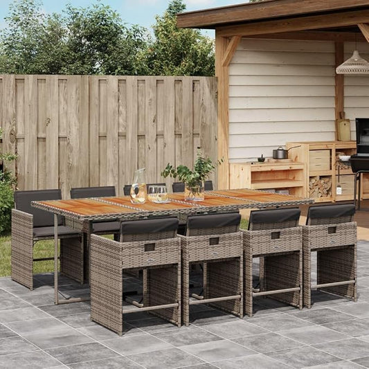 9 Piece Patio Dining Set, Outdoor PE Rattan Furniture with Acacia Wood Table and 8 Foldable Chairs, Comfortable Cushioned Seating for Garden Backyard Deck