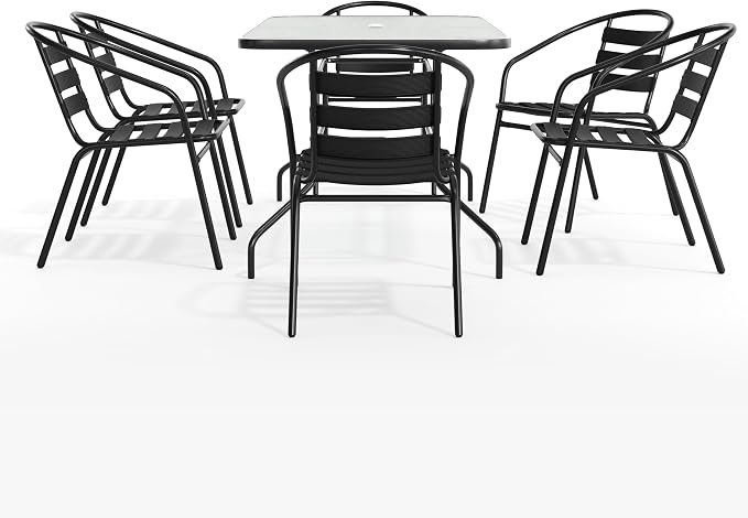 Flash Furniture Lila 7-Piece Glass Patio Table and Chairs Set, Outdoor Patio Dining Set with Rectangular Table and 6 Slat Back Patio Chairs, Black | Umbrella Hole, 55 in Tempered Glass, Aluminum Slat Back Stack Chairs