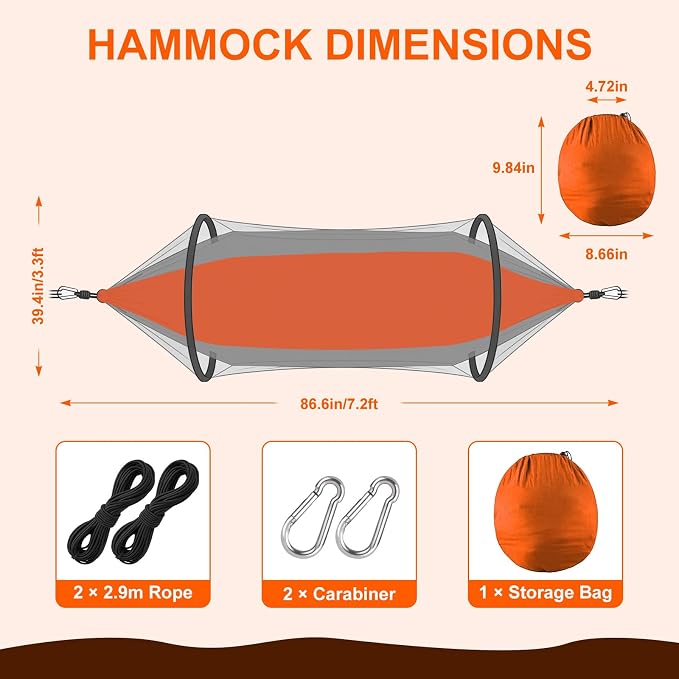 Camping Hammock with Mosquito Net, 3 in 1 Portable Hammock Tent 440lbs Capacity Attached Storage Pocket Single Nylon Hammock Set for Outdoor Travel Camping Hiking Backpacking (Orange Grey)