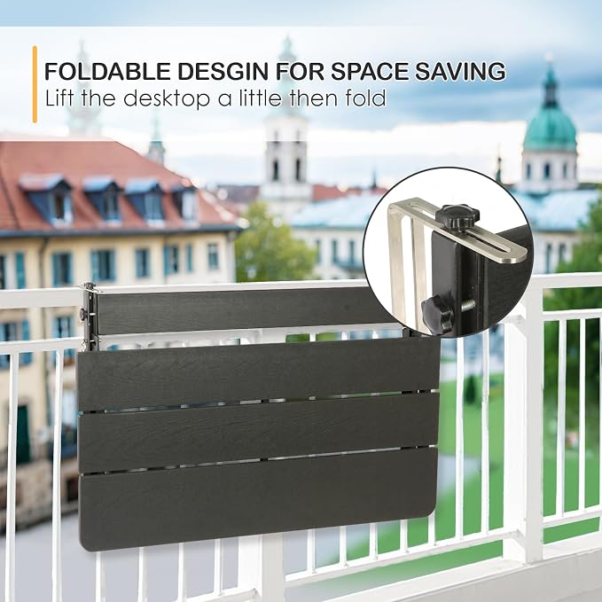 Balcony Railing Hanging Table Outdoor Folding Balcony Bar Table for Railings Patio Side Table with Adjustable Height for Deck, Patio,39.3"(L) x 15.0"(W), Black