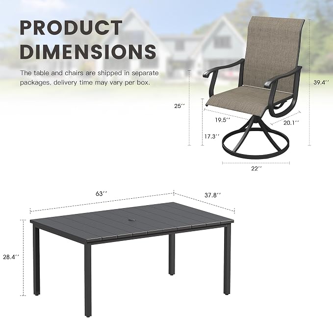 Outdoor Dining Set for 6, 63" Metal Outdoor Dining Table with Umbrella Hole and Sling Patio Swivel Chairs, 7 Pieces Patio Table and Chairs Set for Garden Backyard, Mixed Brown and Black