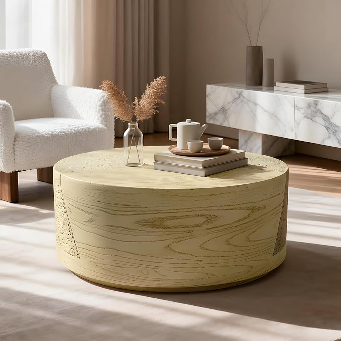 LIVILAND 27.6" Round Drum Coffee Table, Modern MgO Weatherproof Outdoor Center Table for Living Room & Patio, Japandi Faux Wood Grain, No Assembly Required (Sahara Oak Travertine)