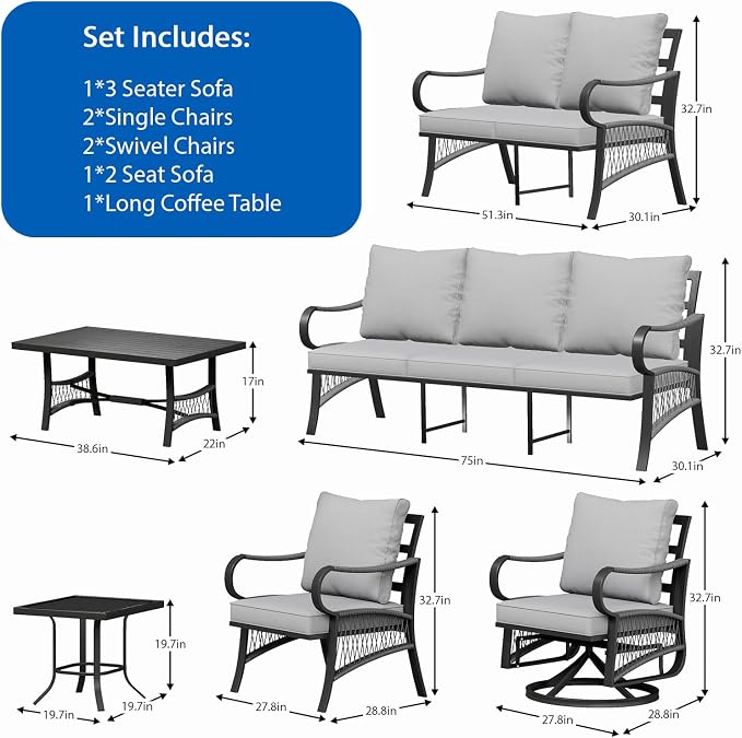 8 Piece Patio Furniture Set, 9 Seat Metal Outdoor Sectional Sofa Set with 2 Swivel Chairs, Patio Conversation Set with Thick Cushions and Coffee Table for Garden, Porch, Lawn, Grey