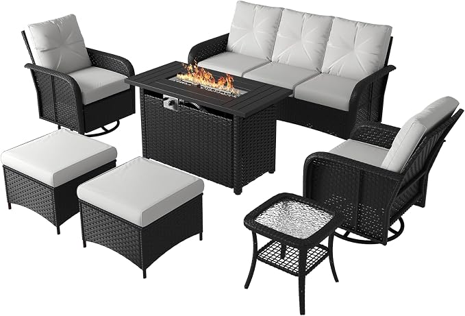 LazySunsets 9 Piece Outdoor Patio Furniture Set with 44'' Fire Pit Table, Outdoor Patio Furniture Set with High Back Swivel Rocker Chairs, Outdoor Conversation Set with Thick Cushions & Ottoman, Beige