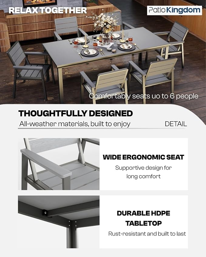 7-Piece Outdoor Dining Set with 11FT Umbrella,Grey | HDPE table, chairs included, aluminum frame, 2" hole design, weather-resistant furniture, perfect for backyard, deck, garden