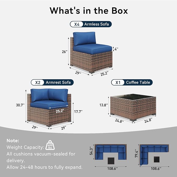 LazySunsets 7 Piece Outdoor Patio Furniture Set with Coffee Table, Outdoor Patio Furniture Sets with Thicken Cushion, Wicker Rattan Outdoor Conversation Set for Backyard & Garden, Blue